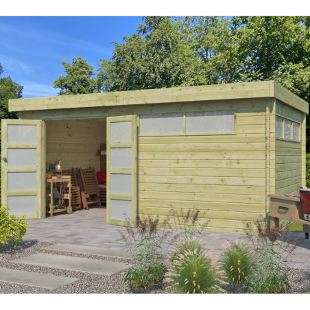 Abri Moderne 16,74m² en bois traité 44mm+porte+2 fenêtres Gardenas