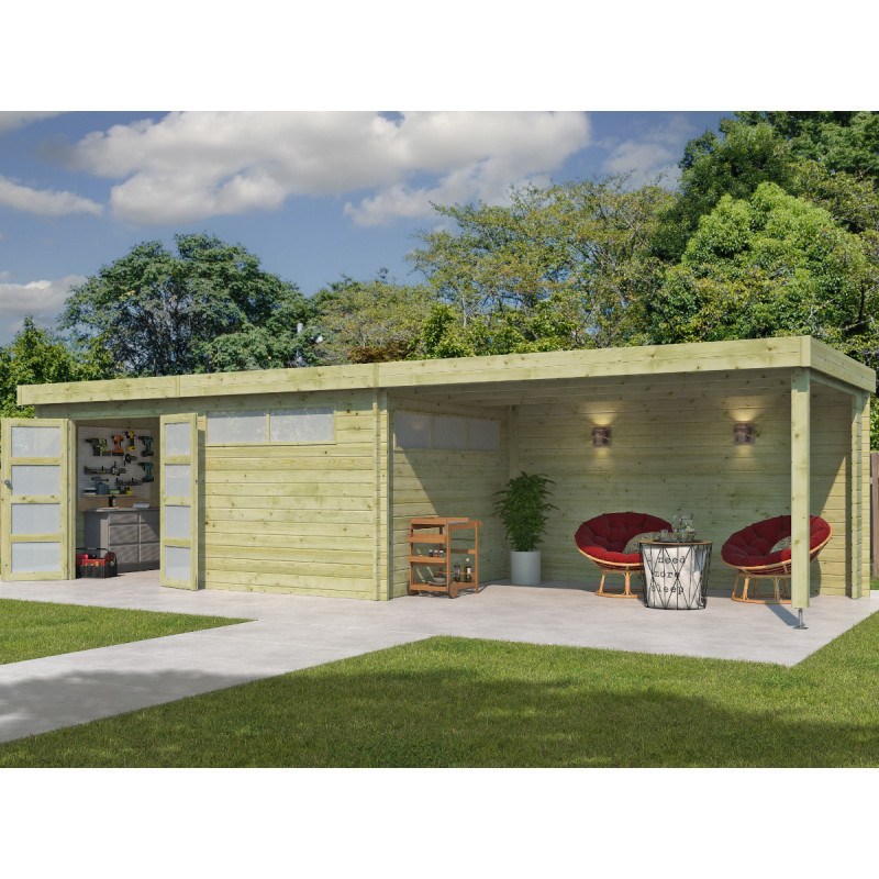 Chalet Moderne 16,74m² en bois traité 44mm+extension400cm Gardenas