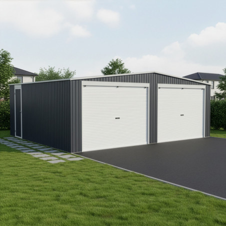 Garage double avec portes enroulables en acier galvanisé blanc et gris - X-METAL