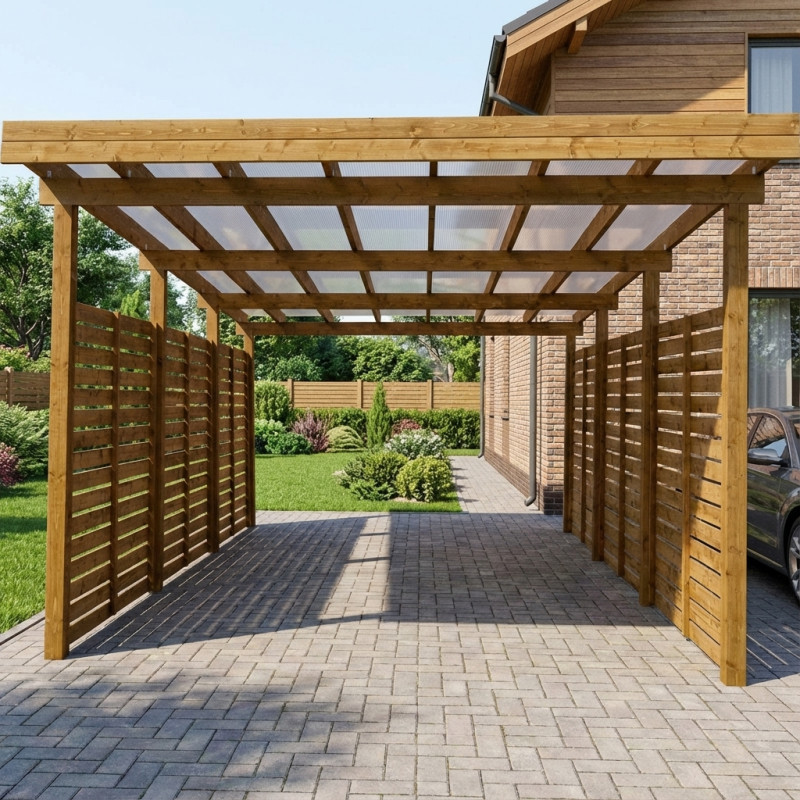 Carport en bois traité marron 17m² monopente - Gardy Shelter