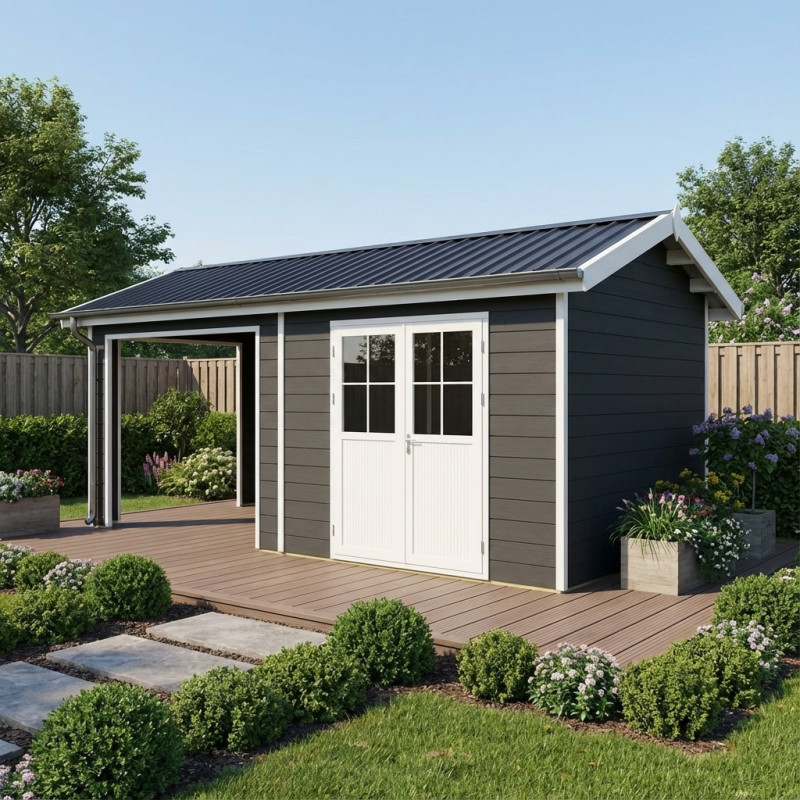 Abri premium bois composite avec terrasse gris foncé Woodlife Garden