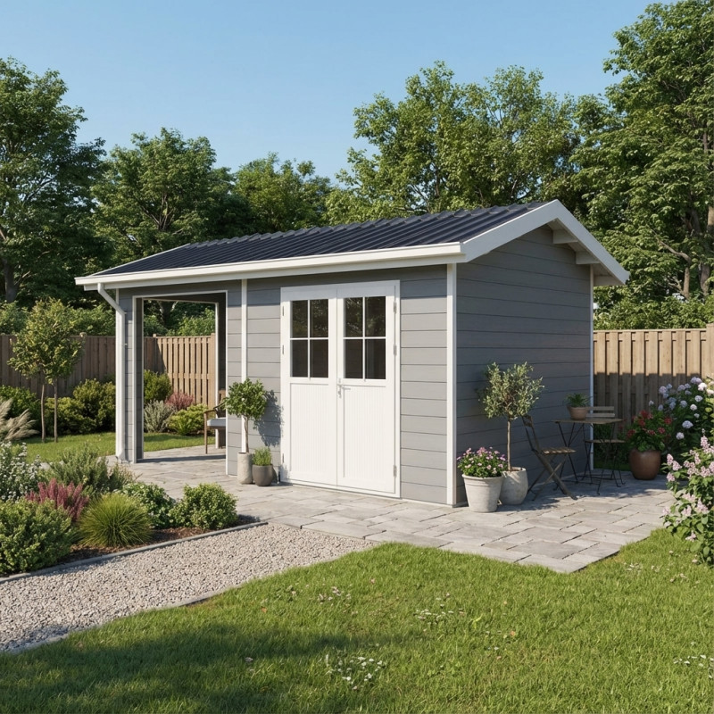 Abri premium bois composite avec terrasse gris clair Woodlife Garden