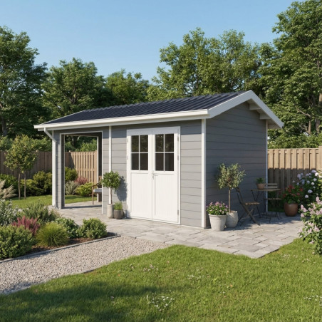 Abri premium bois composite avec terrasse gris clair Woodlife Garden