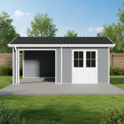 Abri premium bois composite avec terrasse gris clair Woodlife Garden