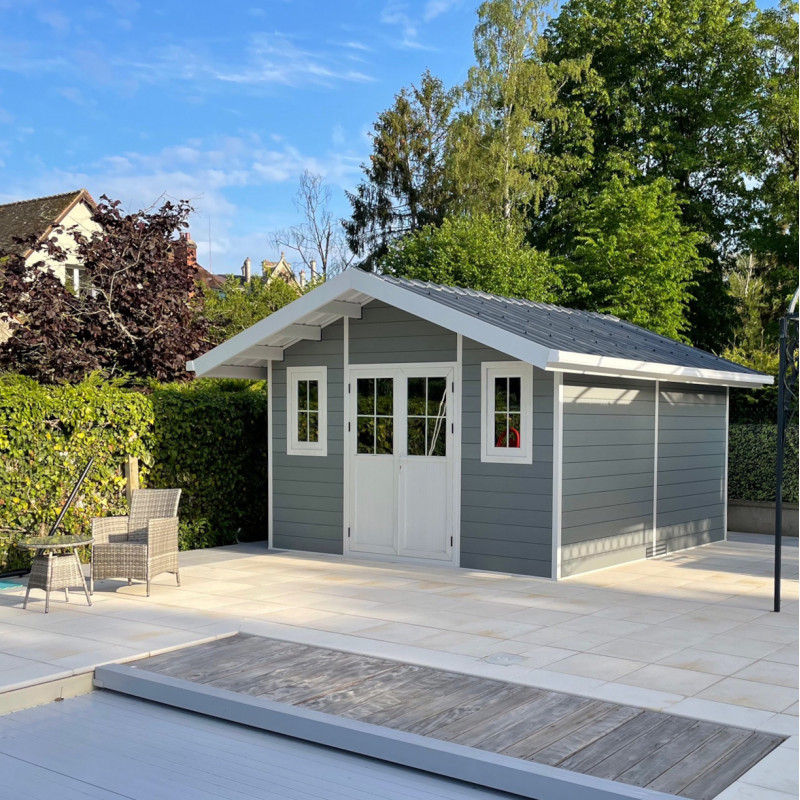 Abri premium bois composite double pente 15m² gris clair Woodlife Garden