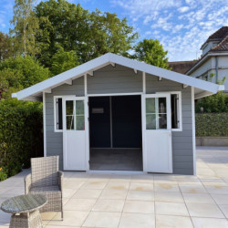 Abri premium bois composite double pente 15m² gris clair Woodlife Garden