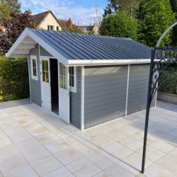 Abri premium bois composite double pente 15m² gris clair Woodlife Garden