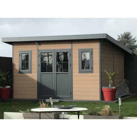 Abri toit plat composite aspect bois 14,90m² porte alu Woodlife Garden
