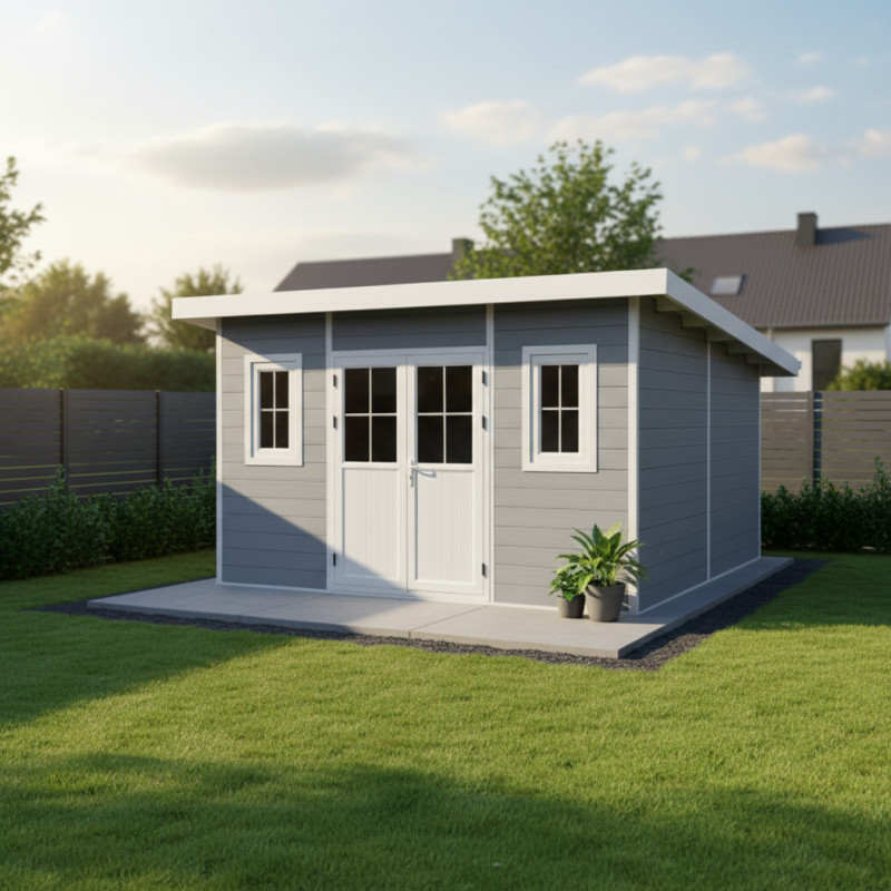 Abri toit plat composite gris clair 14,90m² porte alu Woodlife Garden