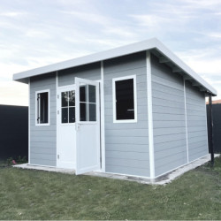 Abri toit plat composite gris clair 14,90m² porte alu Woodlife Garden
