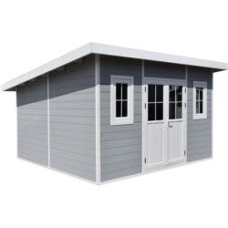 Abri toit plat composite gris clair 14,90m² porte alu Woodlife Garden
