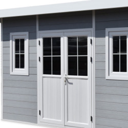 Abri toit plat composite gris clair 14,90m² porte alu Woodlife Garden