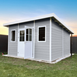 Abri toit plat composite gris clair 14,90m² porte alu Woodlife Garden