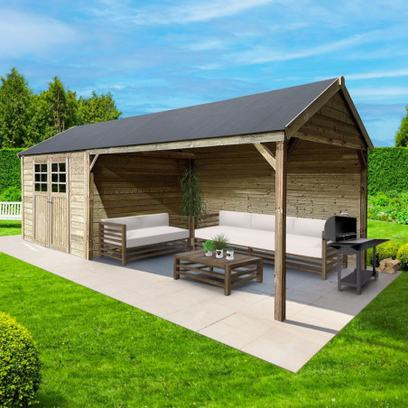 Abri de jardin en bois traité 19mm Cambrai 8,62m² avec terrasse - Solid