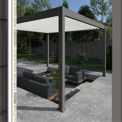 Pergola autoportante en alu gris et lames blanc orientable 4x4m Ombrea