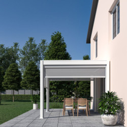 Pergola autoportante en alu gris avec lames et store blanc 3x3m Ombrea