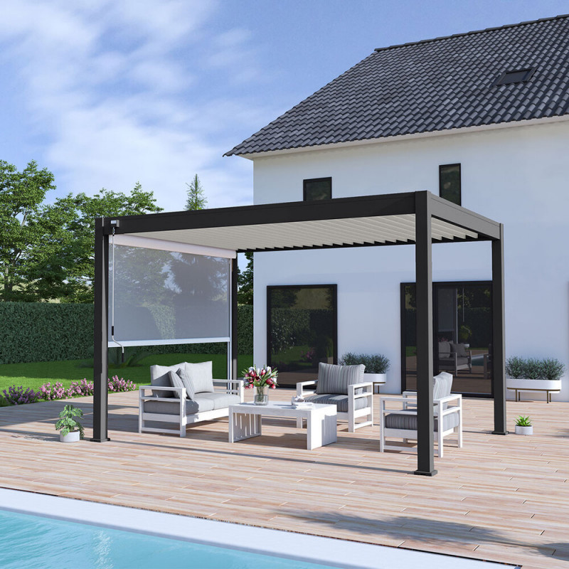 Pergola autoportante en alu noir - store blanc 4m - 3x4m Ombrea