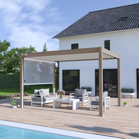 Pergola autoportante en alu taupe - store blanc 4m - 3x4m Ombrea