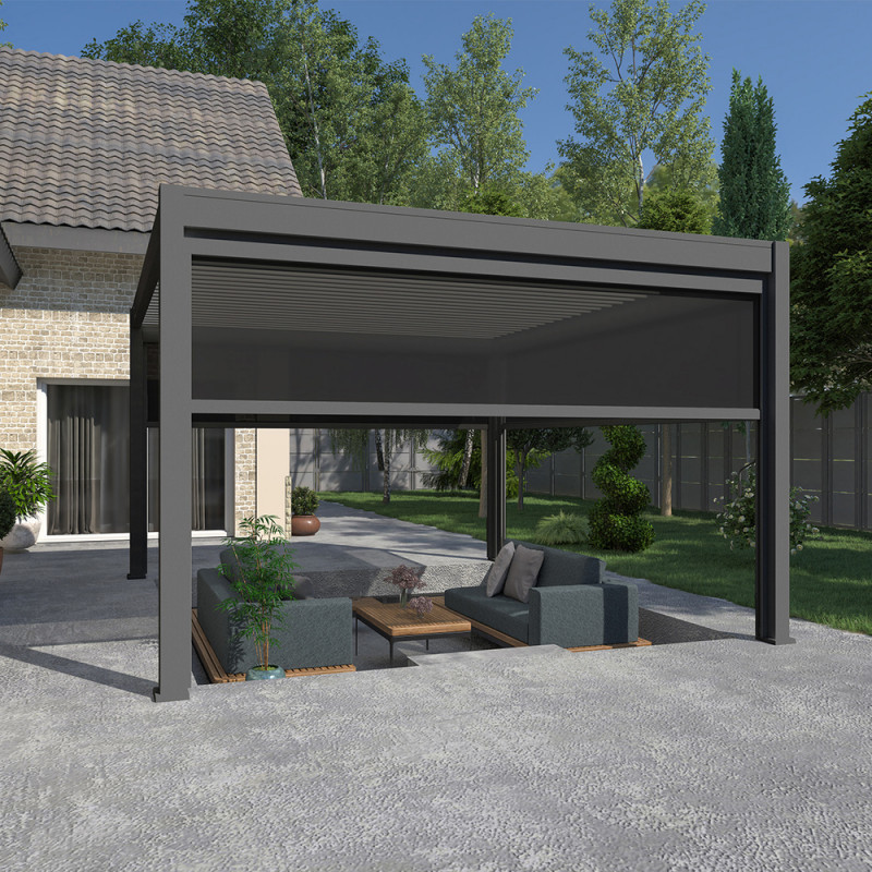 Pergola autoportante en alu gris avec store 4m gris 4x4m Ombrea