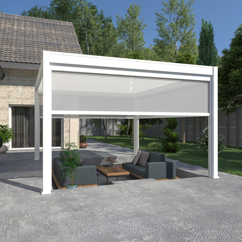 Pergola autoportante en alu blanc avec store 4m blanc 4x4m Ombrea