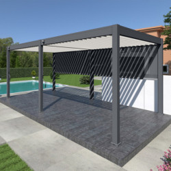 Pergola autoportante en alu gris, lames blanc, 2 stores gris 3x6m Ombrea