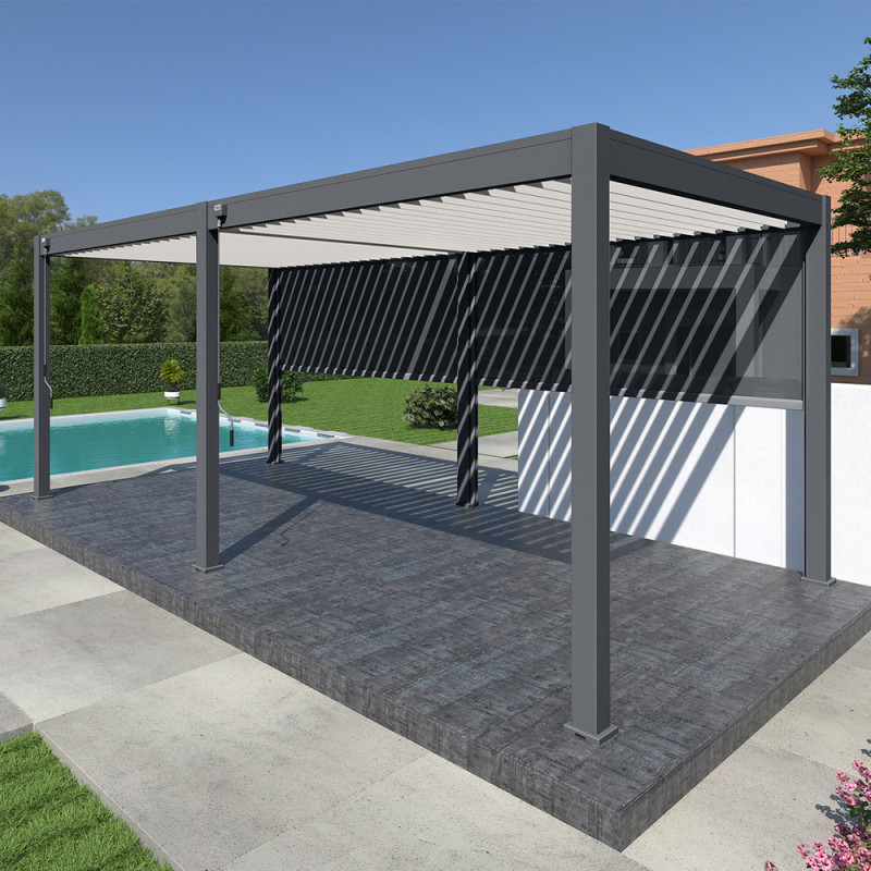 Pergola autoportante en alu gris, lames blanc, 2 stores gris 3x6m Ombrea