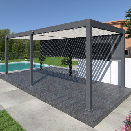 Pergola autoportante en alu gris, lames blanc, 2 stores gris 3x6m Ombrea