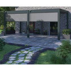 Pergola autoportante en alu gris, lames blanc, 2 stores gris 3x6m Ombrea
