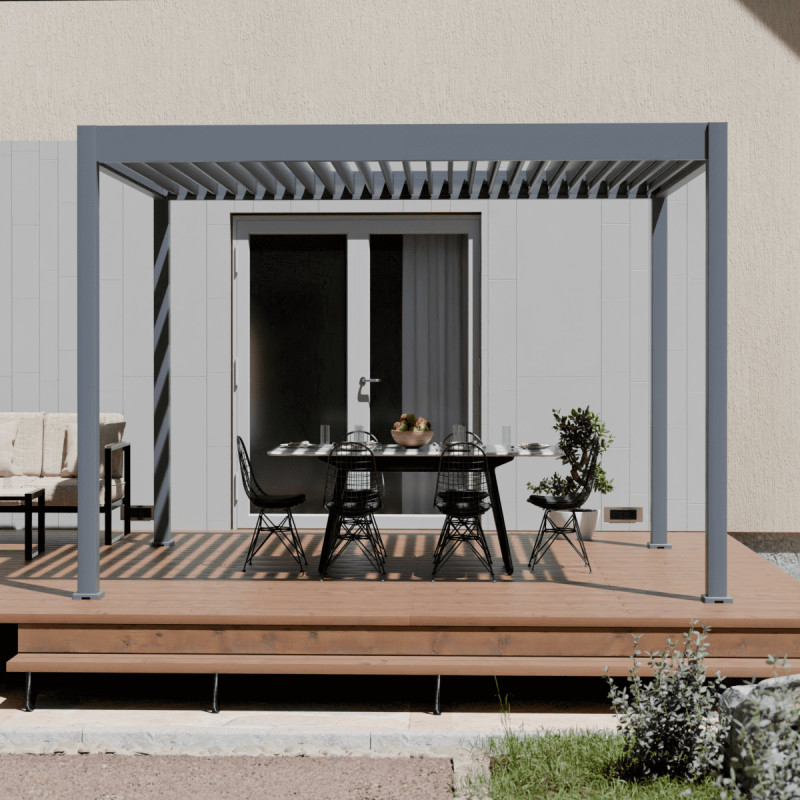 Pergola motorisée en alu gris avec lames orientable 3x4m Ombrea