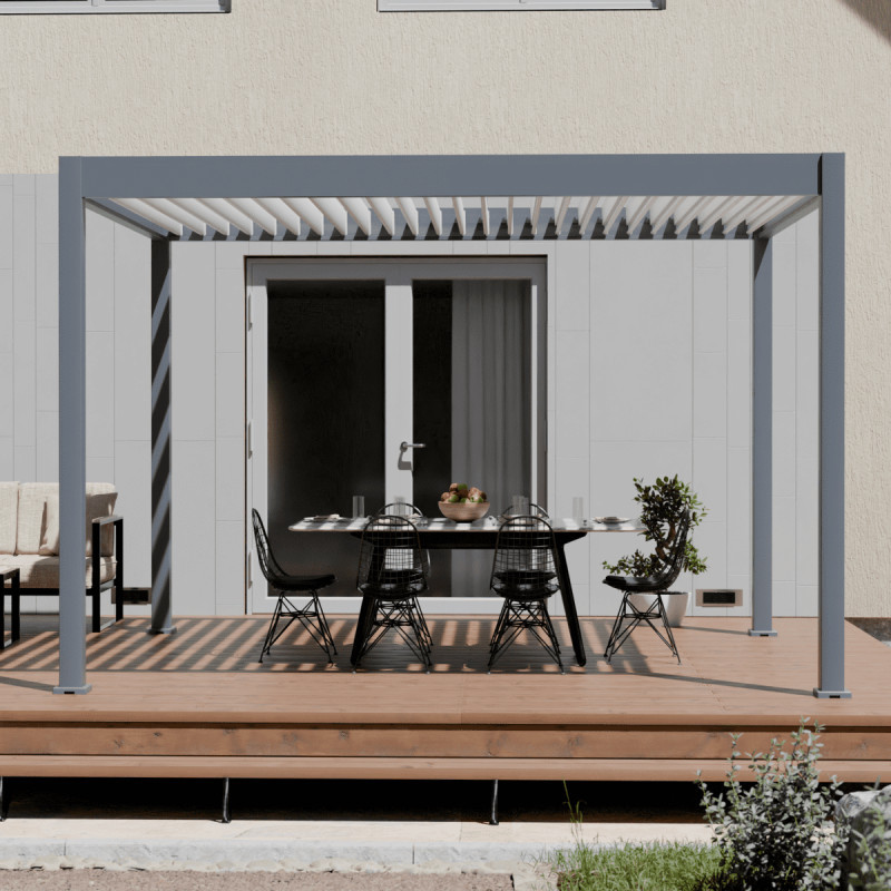 Pergola motorisée en alu gris et lames blanches 3x4m Ombrea