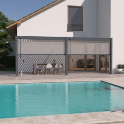 Pergola adossée en alu gris - lames blanches - 2 stores gris 3x6m Ombrea