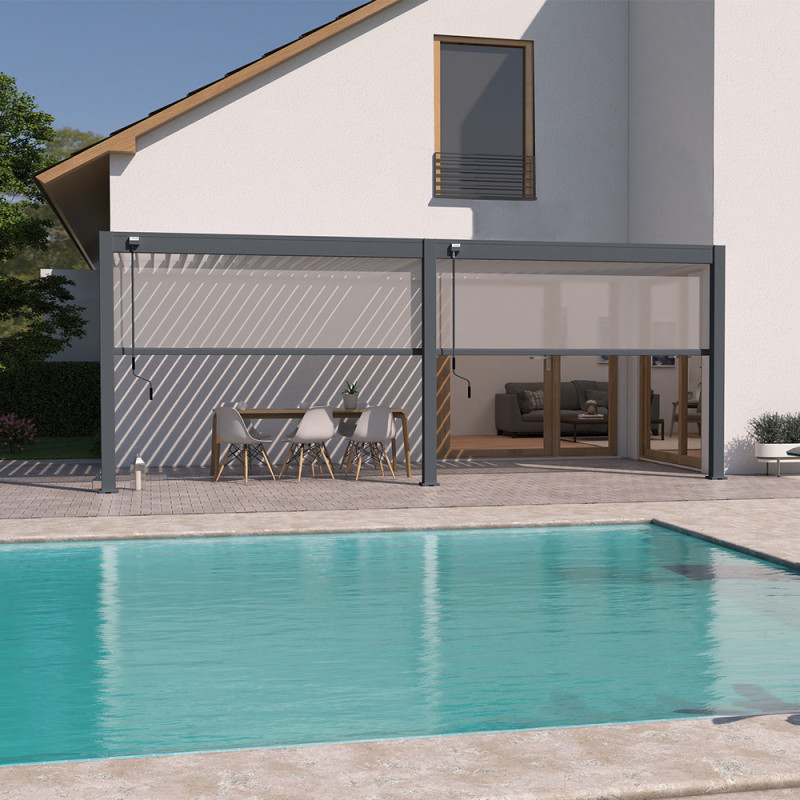 Pergola adossée en alu gris - lames blanches - 2 stores gris 3x6m Ombrea