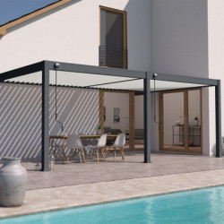 Pergola adossée en alu gris - lames blanches - 2 stores blanc 3x6m Ombrea