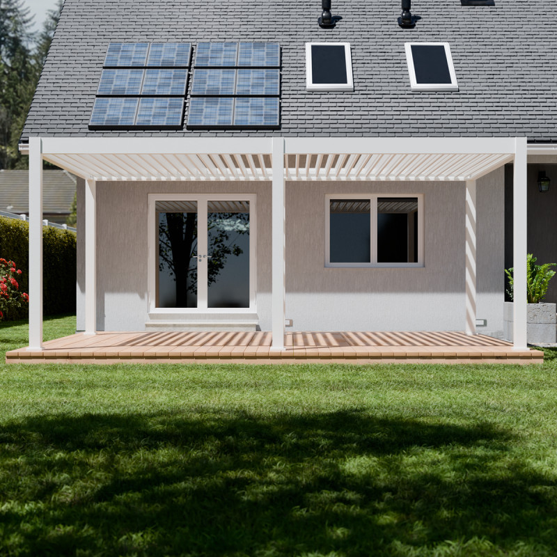 Pergola motorisée en alu blanc avec lames orientable 4x6m Ombrea