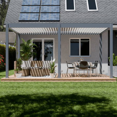 Pergola motorisée en alu gris/blanc avec lames orientable 4x6m Ombrea