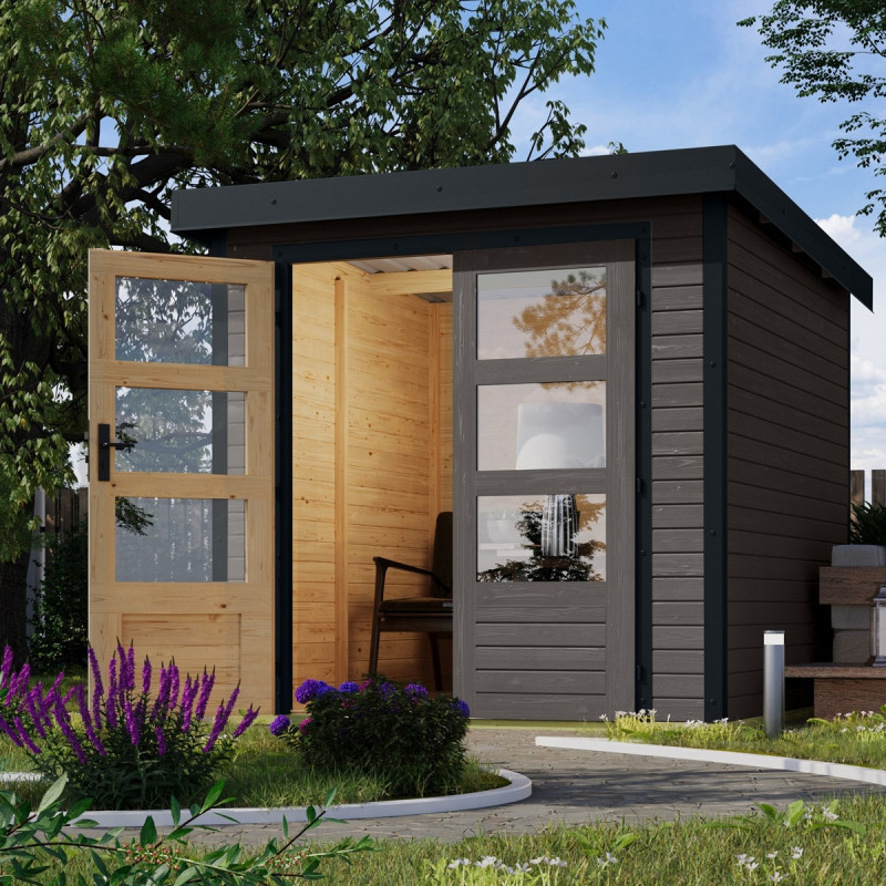 Abri de jardin 4,45m² en bois gris terre + acier anthracite Jupiter - Karibu