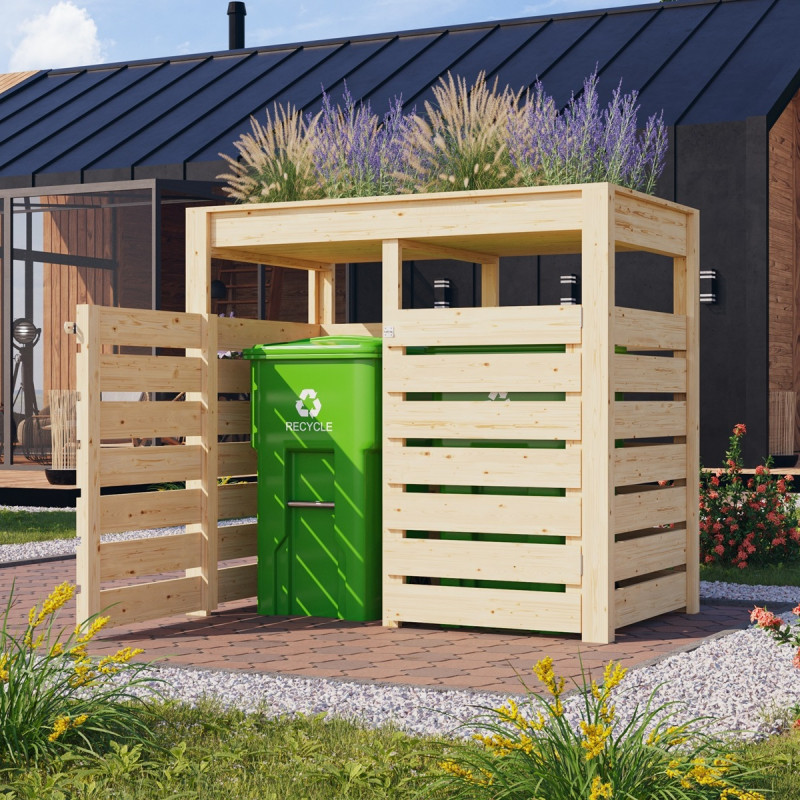Cache poubelle en bois brut pour 2 conteneurs - Karibu