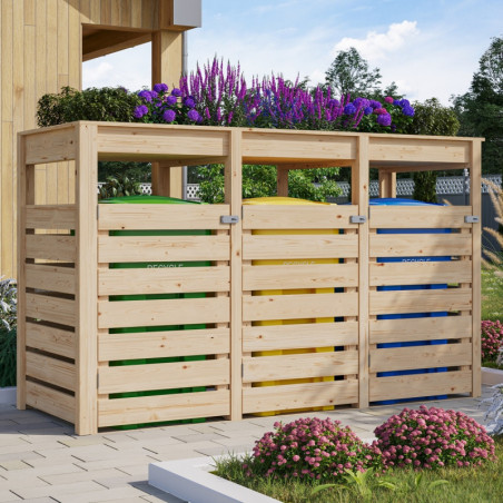 Cache poubelle en bois brut pour 3 conteneurs - Karibu