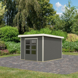 Abri de jardin 7,34m² en bois gris terre + acier blanc Pluto B - Karibu