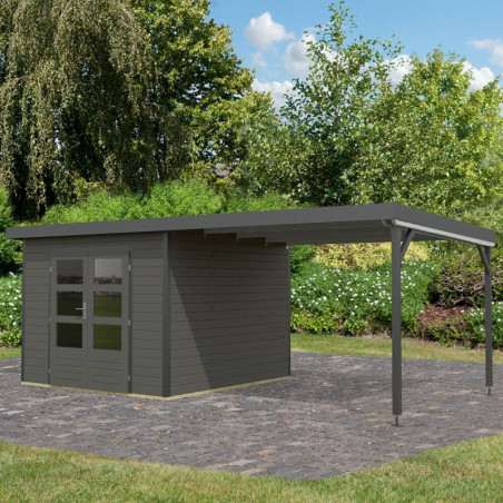 Abri 7,34m² bois gris + acier anthracite + appentis Pluto B - Karibu