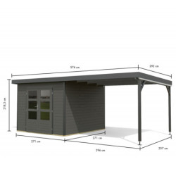 Abri 7,34m² bois gris + acier anthracite + appentis Pluto B - Karibu