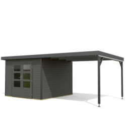 Abri 7,34m² bois gris + acier anthracite + appentis Pluto B - Karibu