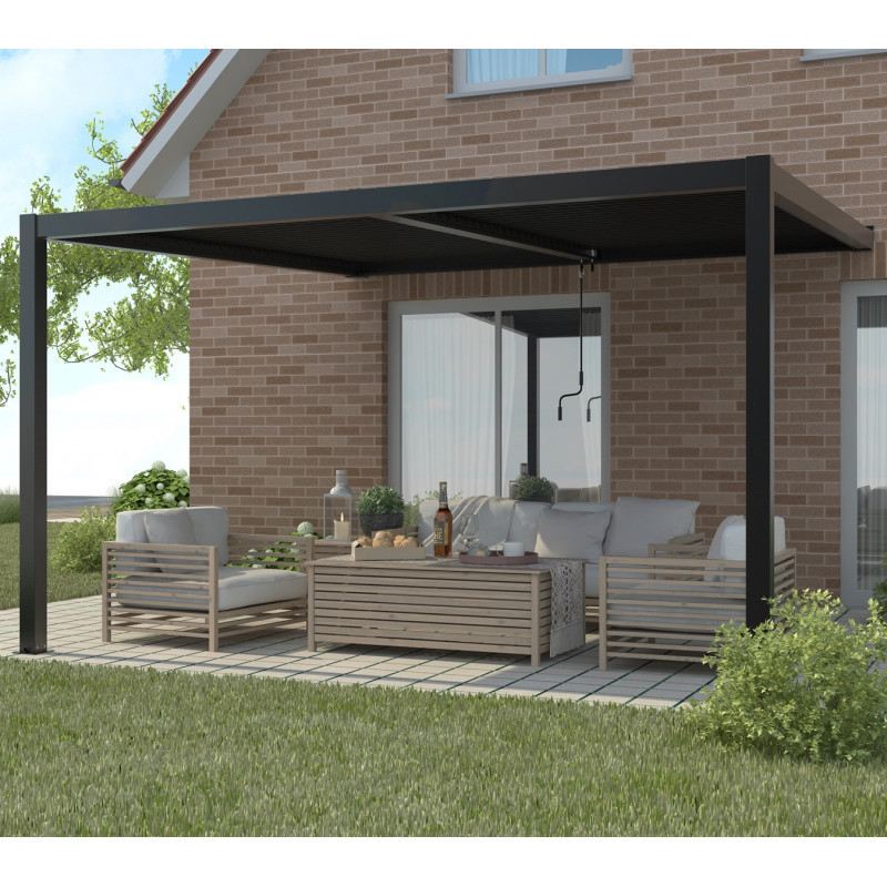 Pergola adossée en alu gris avec lames orientable 4x3m X-METAL