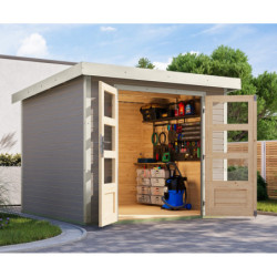 Abri 5,76m² en bois gris clair + acier blanc Jupiter 3,5D - Karibu