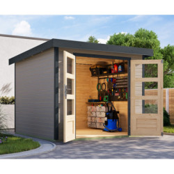 Abri 5,76m² en bois gris clair + acier anthracite Jupiter 3,5D - Karibu