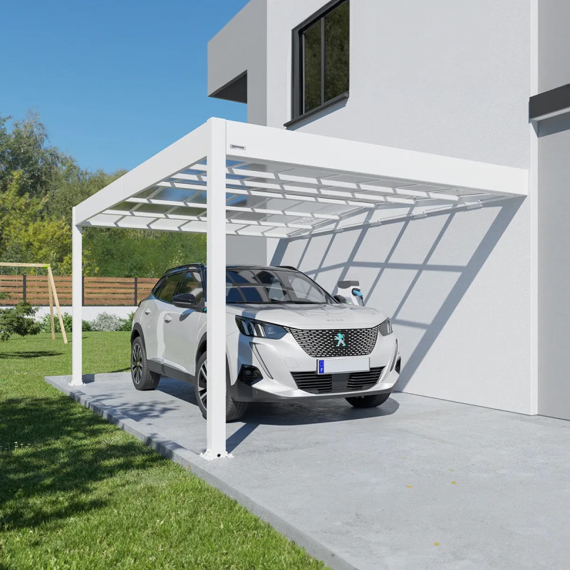Carport adossé en alu 16m² blanc toit polycarbonate TRIGANO