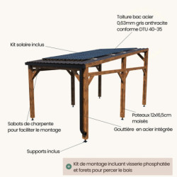 Carport en bois PEFC autoclave marron - 1 voiture 15,5m² - Elio