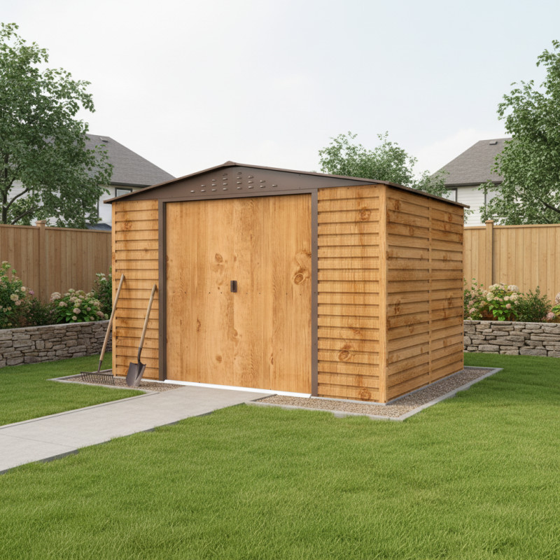 Abri de jardin gris en métal imitation bois 7,81m² sécurisé - Duramax