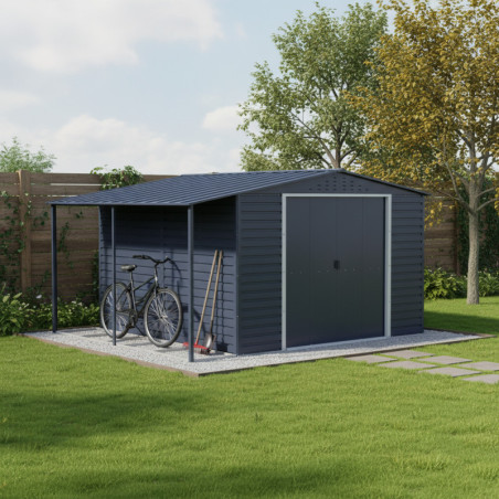 Abri de jardin gris en métal anthracite 9,75m² avec appentis - Duramax