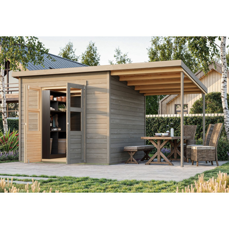 Abri de jardin en bois gris 5,90m² avec appentis Merseburg 6 - Karibu